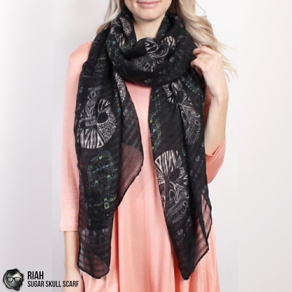 LIGHTWEIGHT GAUZY SUGAR SKULL PRINT SCARF WRAP SHAWL IN BLACK HALLOWEEN MUERTOS - Picture 11 of 12